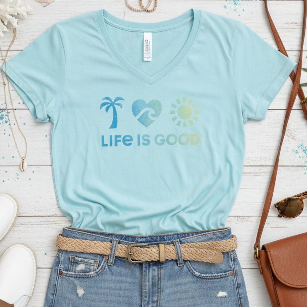 Life is Good Sun, Heart, & Palm Tree Crusher Tee - Picture 1 of 9